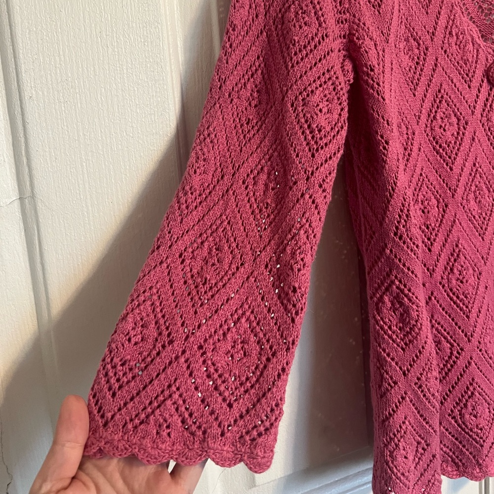 Christopher & Banks Vintage Pink Diamond Hand Crochet Cardigan Scalloped Open - Picture 2 of 6